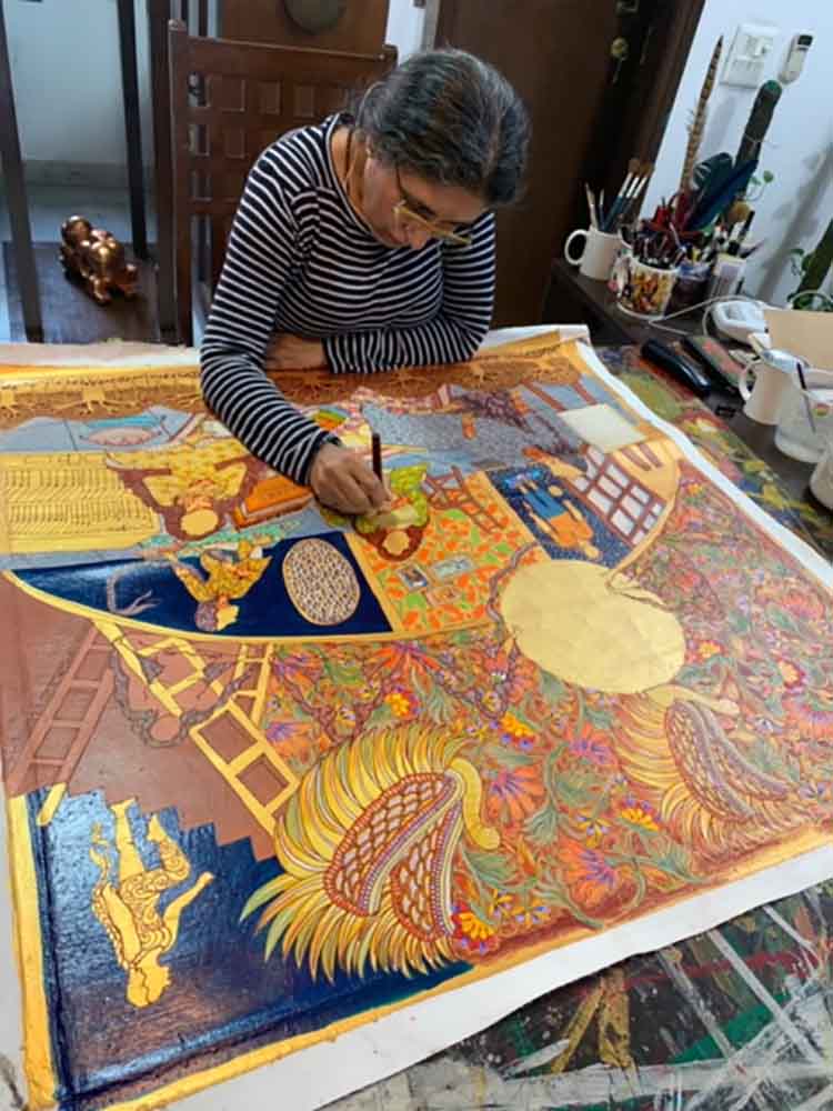 Indian Contemporary Artist Seema Kohli Works On A New, Vibrantly Painted Canvas