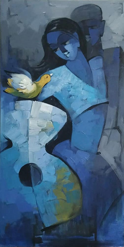  Deepa Vedpathak, Musician Couple, Acrylic on canvas, 48 x 24 inches, $ 1850. 