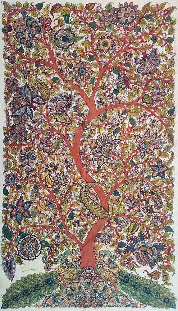 Kalamkari Art, Tree of Life, Natural dyes on cloth, 65 x 38 inches, $ 1895 (excludes cost of mounting)