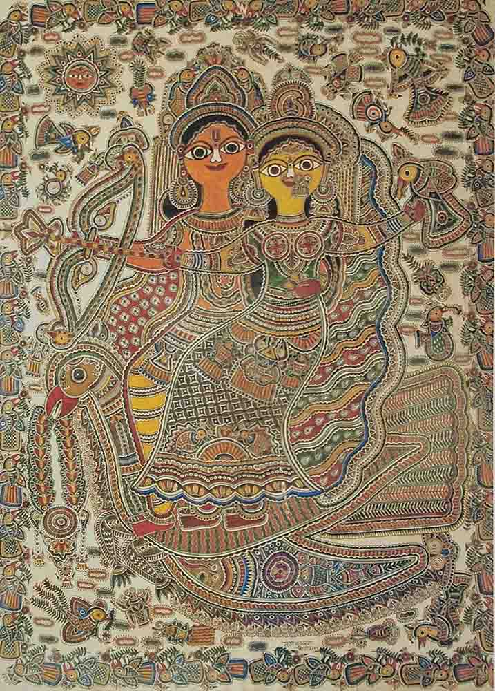 Mithila Art - Rati Kamdev (the goddess and god of love) | Natural dyes on handmade paper | 30 x 22 inches