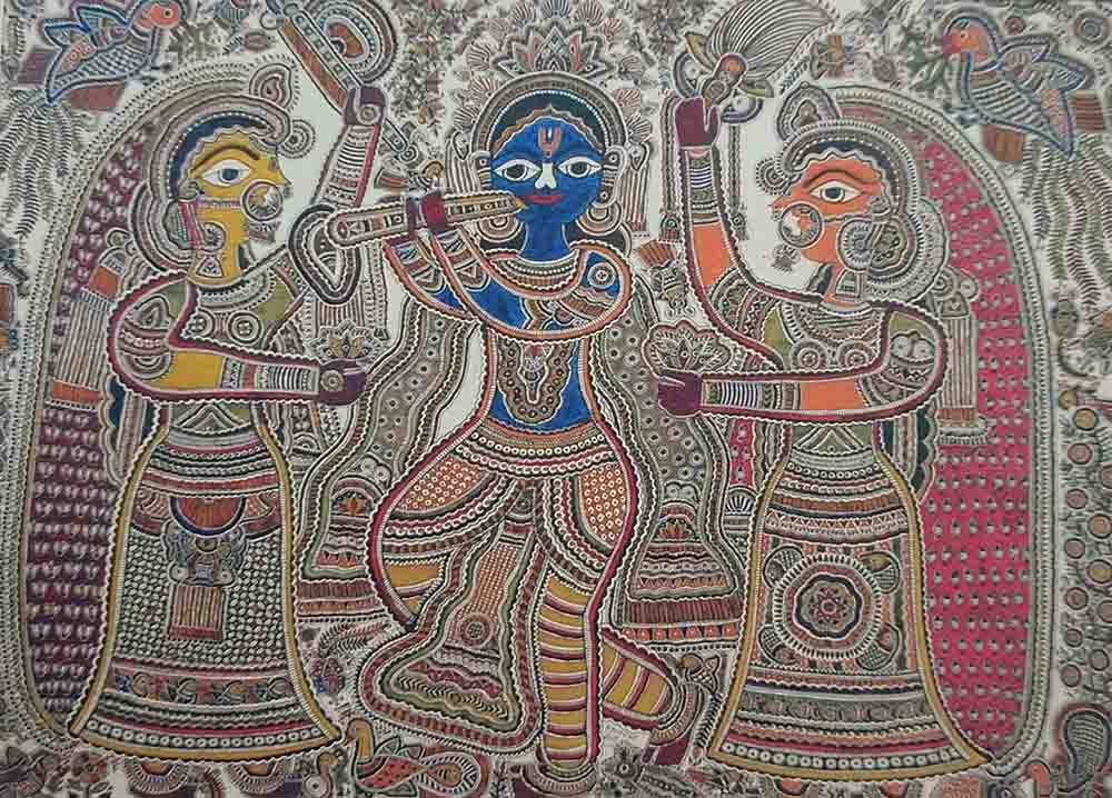 Mithila Art – Radha Krishna & Rukmini | Natural dyes on handmade paper | 22 x 30 inches | Available on commission basis | MA17