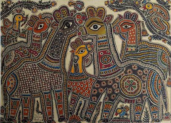 Mithila Art | Contemporary Indian Artists | Giraffe family | Natural dyes on handmade paper | 11 x 15 inches