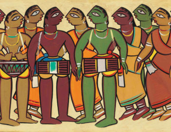 Jamini Roy _ JR 4 _ Musicians and Dancers _ Tempera on cardboard _ 14.5 x 28.1 inches