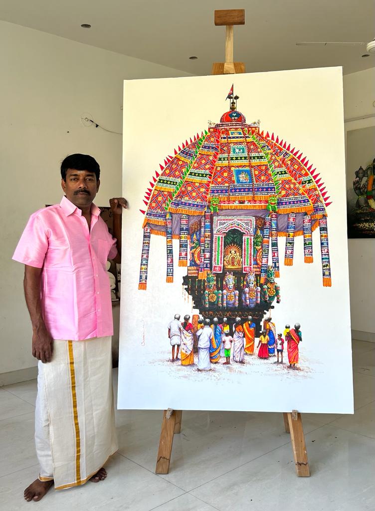 Artist Sivabalan in his studio with his recent painting