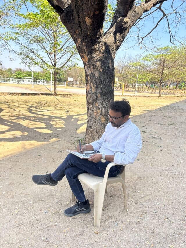Bhaskar sketches outside, seeking inspiration in nature.