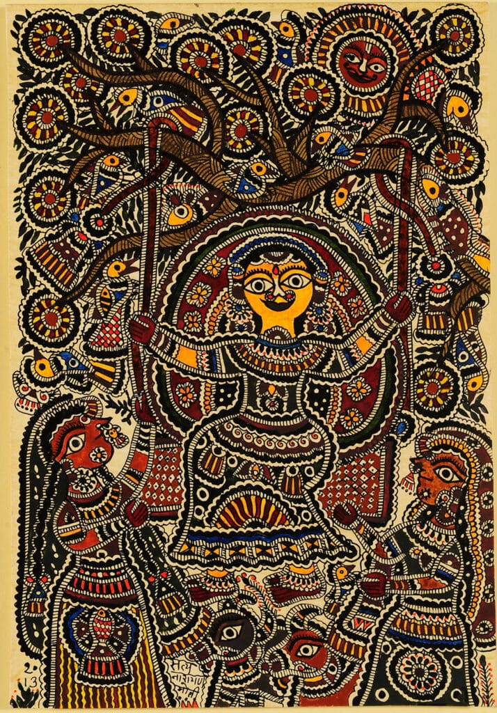 Mithila Art - Friends playing on swing | Natural dyes on handmade paper | 17 x 11 inches | Price on request | MA20