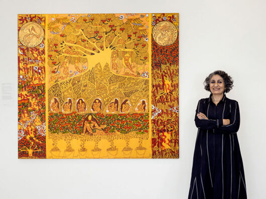 Seema Kohli, Golden Womb Series, Acrylic and ink on canvas with 24-karat gold and silver leaf, 60 x 66 inches.