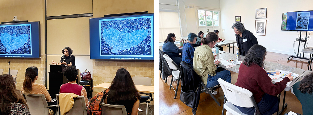 Seema Kohli conducting a hands-on art workshop at Pacific Art League in Palo and artist talk at Stanford University