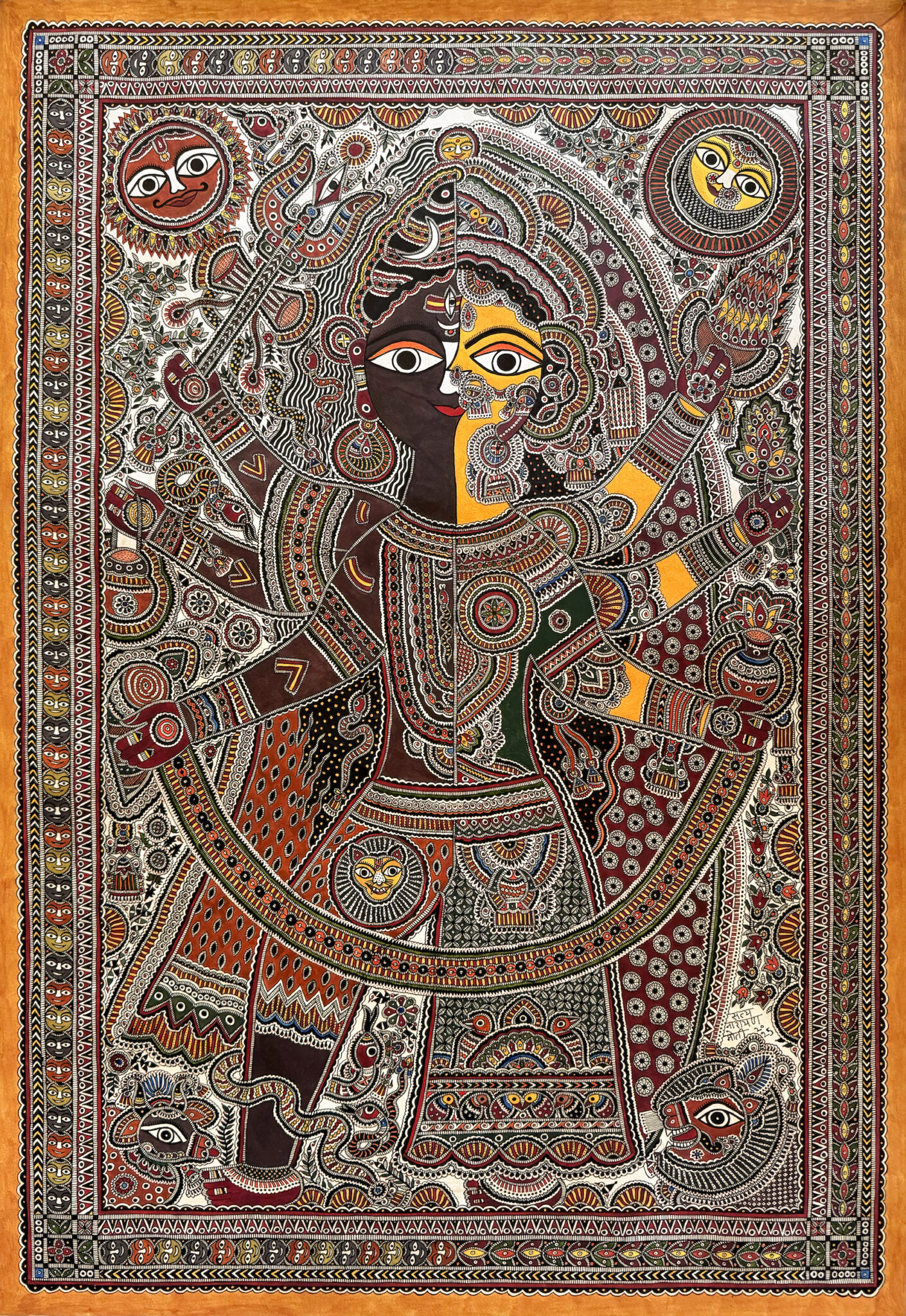 Traditional Mithila painting of Ardhanarishwara, the half-male, half-female form of Shiva and Shakti