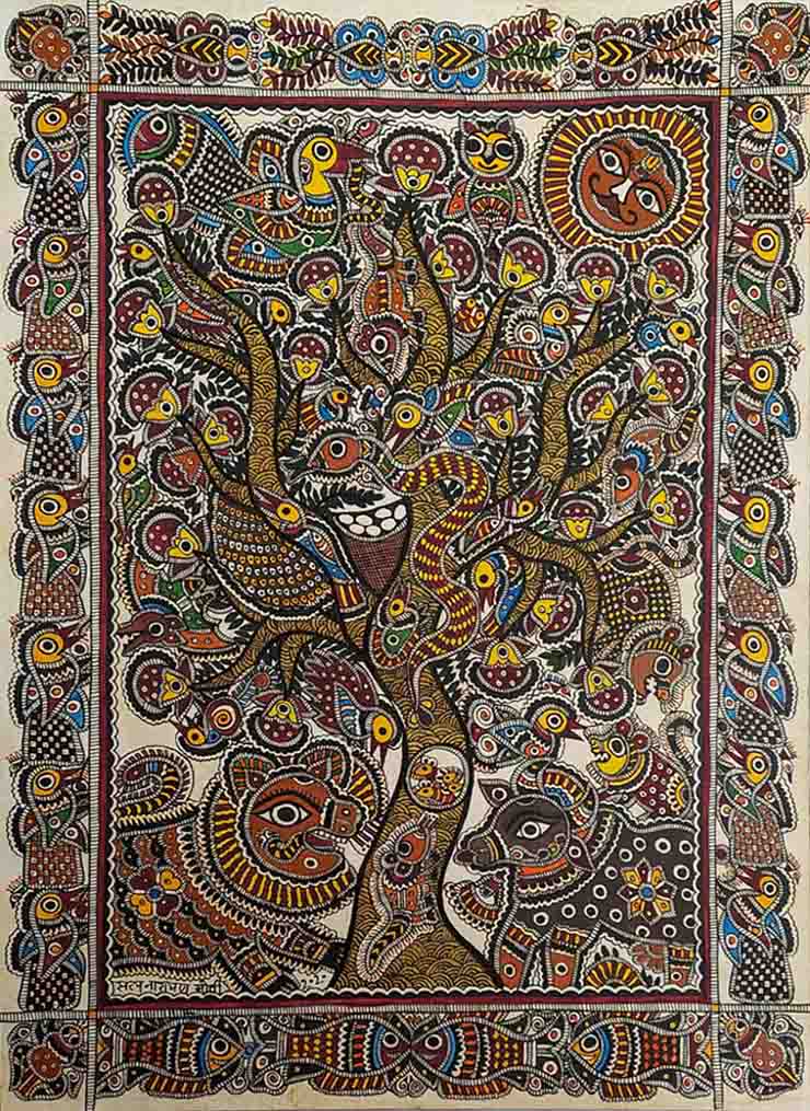 Madhubani painting of the Tree of Life with birds on symmetrical branches