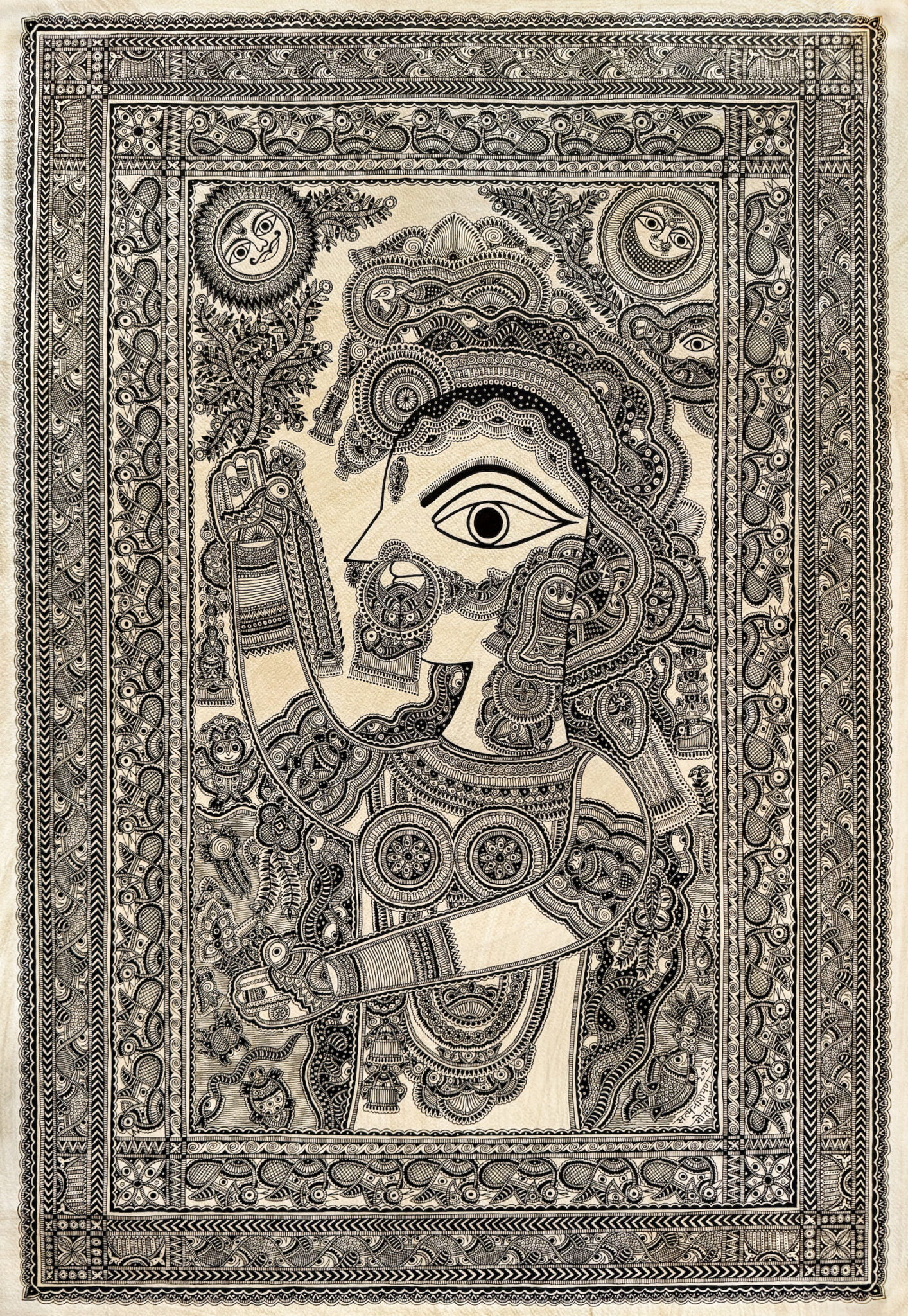 Madhubani illustration of Goddess Shrishti holding a sapling surrounded by wildlife